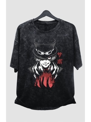 Fuddy Moda Oversize Sabo One Piece Manga Baskılı Yıkamalı T-Shirt, Unisex Anime Baskılı Eskitme Tişört