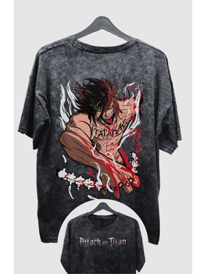 Fuddy Moda Oversize Aot Eren Yeager V3 Sırt Baskılı Yıkamalı T-Shirt, Unisex Anime Baskılı Vintage Tişört