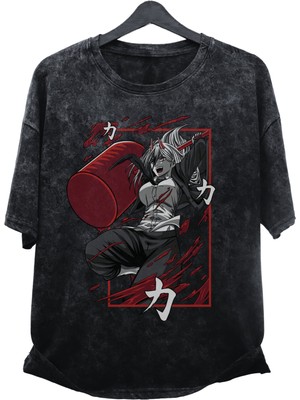 Fuddy Moda Oversize Chainsaw-Man Power Ex8 Baskılı Yıkamalı T-Shirt, Unisex Anime Baskılı Vintage Tişört