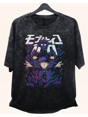Fuddy Moda Oversize V2 Mob Psycho 100 Baskılı Yıkamalı T-Shirt, Unisex Anime Baskılı Eskitme Tişört