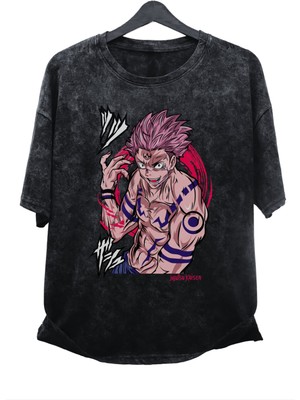 Fuddy Moda Oversize Jujutsu Kaisen Sukuna V3 Baskılı Yıkamalı T-Shirt, Unisex Anime Baskılı Eskitme Tişört