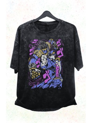 Fuddy Moda Oversize Jojo's Bizarre Adventure Baskılı Yıkamalı T-Shirt, Unisex Anime Baskılı Eskitme Tişört
