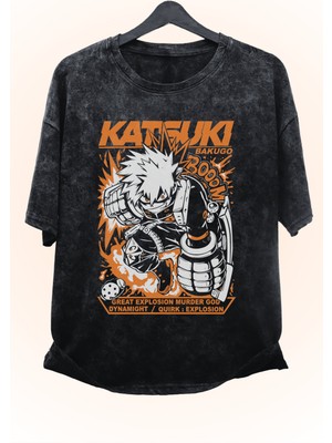 Fuddy Moda Oversize My Hero Academia Katsuki Baskılı Yıkamalı T-Shirt, Unisex Anime Baskılı Vintage Tişört