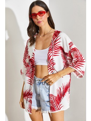 Shade Kadın Kolları Dantel Detaylı Desenli Viskon Kimono