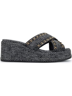 Tamer Tanca Kadın Tekstil Siyah Hasır Topuklu Terlik 1028 A18-8 Bn Trlk Y24 Sıyah Hsr