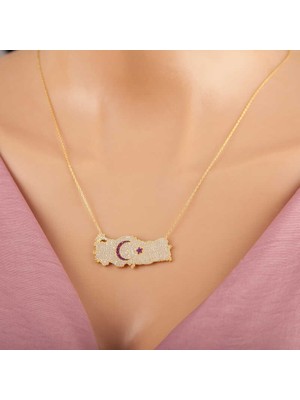 Turtcest 925 Ayar Gümüş Gold Ay Yıldız Türkiye Haritası Kadın Kolye