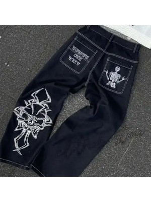 Köstebek Beyaz Nakışlı Siyah Skeleton Heaven Can Wait Streetwear Gri Double Fire Skull Streetwear Yıkamalı Jean Pantolon