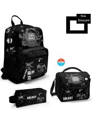Coral High Siyah Galaxy Desenli 3'lü Set Okul Çantası 23644 Ortopedik Kullanım 18 Litre Kapasite
