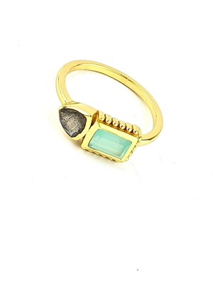 Ose Shop  Kalsedon ve  Labrodorite Taşlı 925AYAR Gümüş Üzerine Altın Kaplama Tasarım Doğal Taş Yüzük