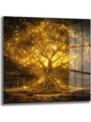 Glazella Altın Hayat Ağacı Kare Cam Tablo