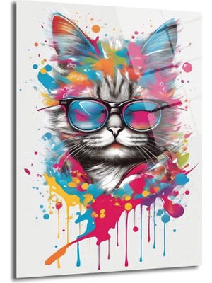 Glazella Renk Patlaması Kedi̇ Di̇key Cam Tablo Dekorati̇f Tablo
