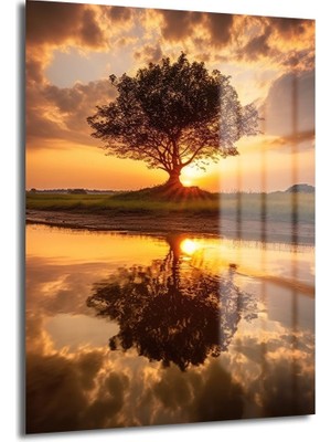 Glazella Yansıma Ağaç Dekorati̇f Di̇key Cam Tablo