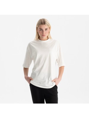 Uniu Kadın Beyaz Oversize Bisiklet Yaka %100 Organik Pamuk T-Shirt