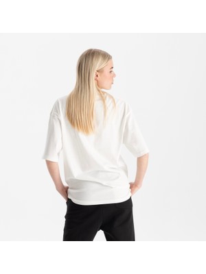 Uniu Kadın Beyaz Oversize Bisiklet Yaka %100 Organik Pamuk T-Shirt