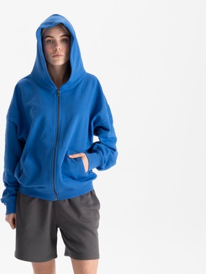 Uniu Kadın Mavi %100 Organik Pamuk Kanguru Cepli Fermuarlı Kapüşonlu Oversize Sweatshirt