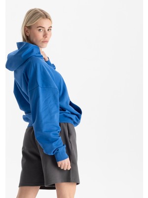 Uniu Kadın Mavi %100 Organik Pamuk Kanguru Cepli Fermuarlı Kapüşonlu Oversize Sweatshirt