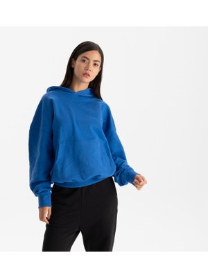 Uniu Kadın Mavi %100 Organik Pamuk Kanguru Cepli Kapüşonlu Oversize Sweatshirt