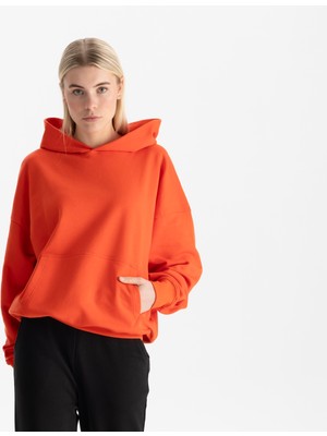 Uniu Kadın Kırmızı %100 Organik Pamuk Kanguru Cepli Kapüşonlu Oversize Sweatshirt