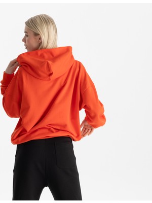 Uniu Kadın Kırmızı %100 Organik Pamuk Kanguru Cepli Kapüşonlu Oversize Sweatshirt