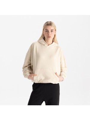 Uniu Kadın Bej %100 Organik Pamuk Kanguru Cepli Kapüşonlu Oversize Sweatshirt