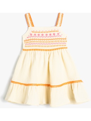 Koton Askılı Elbise Müslin Kumaş Işleme Detaylı Katlı Pamuklu