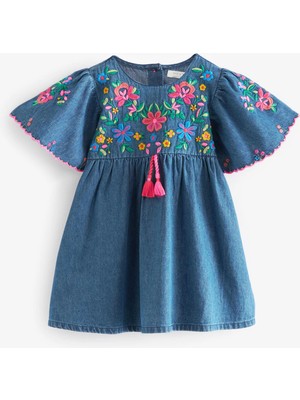 Next Baby Mavi Denim Işlemeli Kaftan Kız Çocuk Elbise