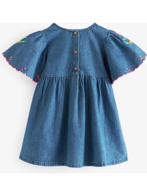 Next Baby Mavi Denim Işlemeli Kaftan Kız Çocuk Elbise