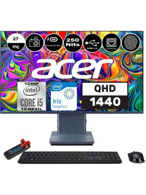 Acer Aspıre S27-1755 Intel Core I5-1240P 32GB 512GB SSD 27" Wqhd 1440P Windows 11 Pro Parmak Izi Okuyucu All In One Bilgisayar WPDQBKDEM004+ Zetta Flash Bellek