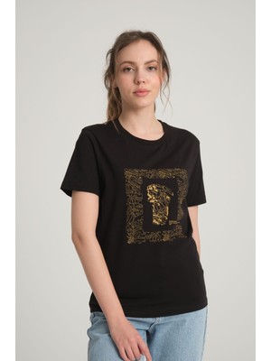 Sumain Design Göbeklitepe Baskılı Kadın Siyah T-Shirt