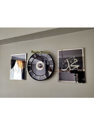 Tekno Trust 40 x 40 Aynalı Model 2 Li Allah (Cc) - Muhammed (Sav) Tablo ve Saat Seti 40 Gümüş Modern