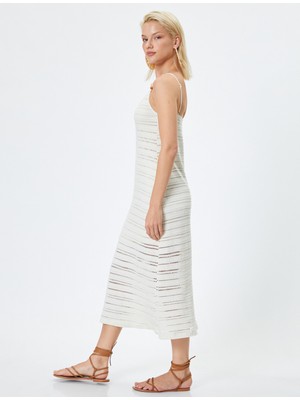 Koton Midi Kroşe Elbise Ince Askılı Ajurlu Boncuklu Astarlı