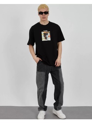 Tarz Yeri  Bisiklet Yaka Baskılı Oversize T-Shirt - Siyah