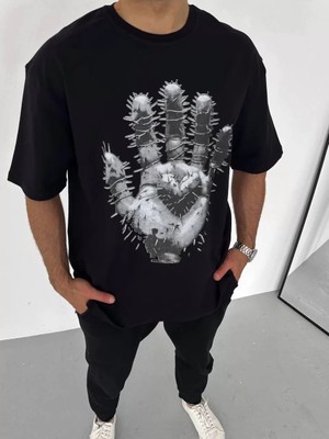 Tarz Yeri  Bisiklet Yaka Baskılı Oversize T-Shirt - Siyah