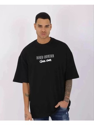 Tarz Yeri  Bisiklet Yaka Baskılı Oversize T-Shirt - Siyah