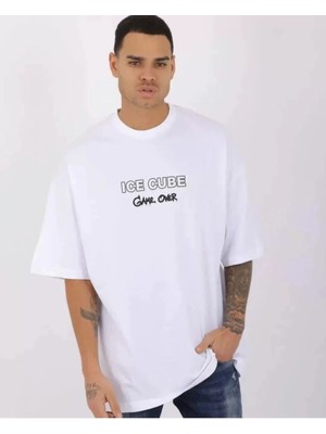 Tarz Yeri  Bisiklet Yaka Baskılı Oversize T-Shirt - Beyaz