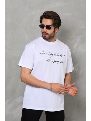 Tarz Yeri  Bisiklet Yaka Baskılı Oversize T-Shirt - Beyaz