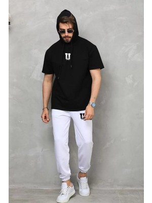 Tarz Yeri Unisex Kapşonlu Oversize T-Shirt Takım - Siyah