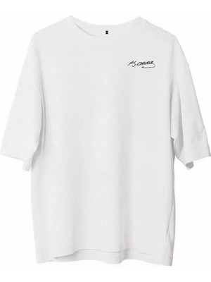 Tarz Yeri  Bisiklet Yaka Baskılı Oversize T-Shirt - Beyaz