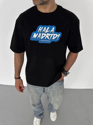 Tarz Yeri  Bisiklet Yaka Baskılı Oversize T-Shirt - Siyah