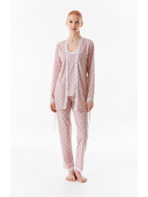 FullaModa Kalp Desenli  Ip Askılı  3 Lü Pijama Takımı