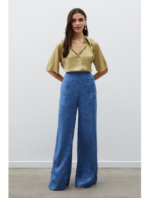 Sateen Jakarlı Salaş Pantolon - İndigo