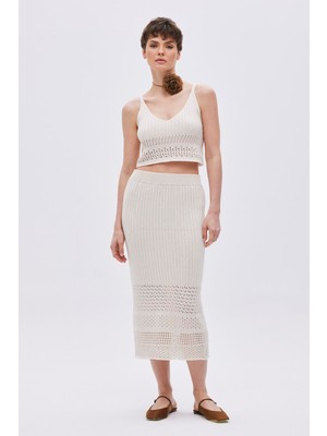 Sherin Ekru Ajurlu Midi Triko Etek
