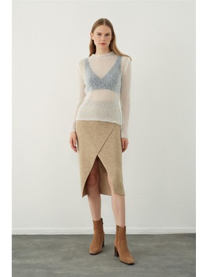 Sherin Camel Asimetrik Yırtmaçlı Midi Triko Etek