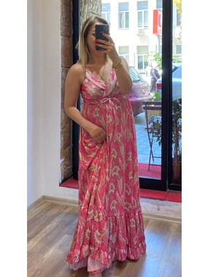 Alya NS Butik Ince Askılı Kuşaklı Maxi Boy Saten Elbise