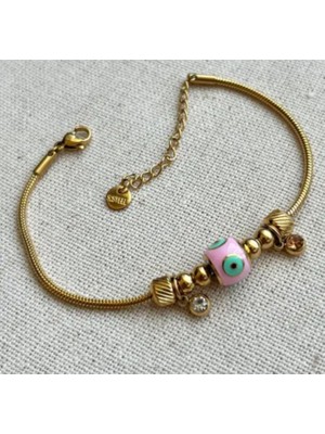 Demokan Kadın Çelik Bilkelik Pembe Nazar Boncuk Taş Detay Kararmaz Bilekik