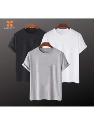 Need Life Erkek 3 Lü Paket %100 Pamuk Rahat Kalıp Likralı Siyah-Beyaz-Gri Renkli Basic T-Shirt