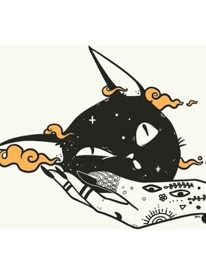 Jeronkarji Şirin Kara Kedi Kafası ve Cadı El Tablo Ahşap Poster Dekoratif