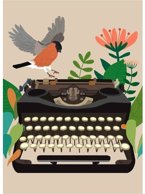 Jeronkarji Kuş ve Daktilo Tablo Ahşap Poster Dekoratif