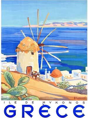 Jeronkarji 1949 Yunanistan Mikonos Adası Seyahat Poster Tablo Ahşap Poster Dekoratif