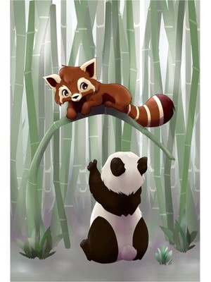 Jeronkarji Tablo Ahşap Poster Dekoratif Red Panda ve Panda Ayı Yavrusu